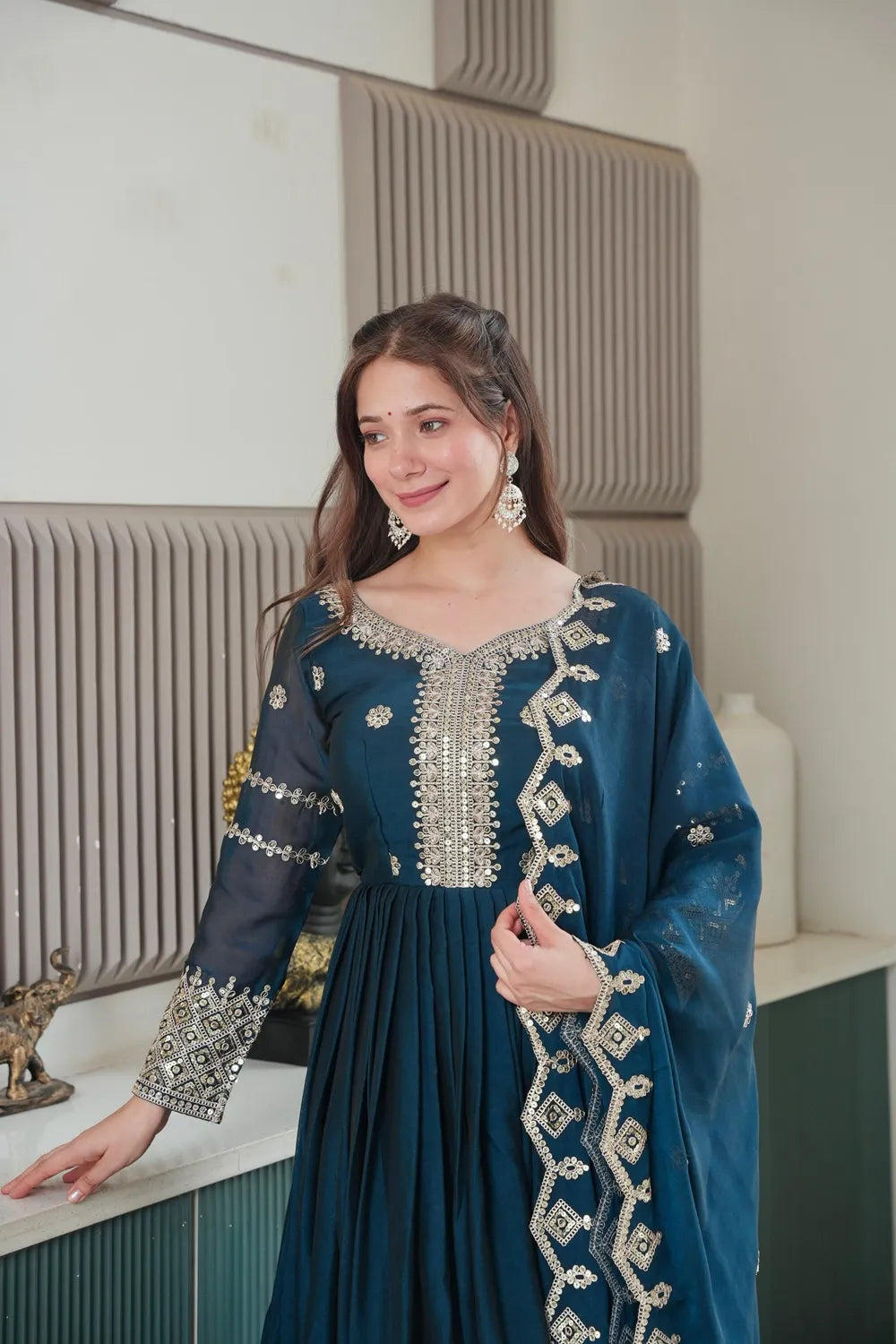 Designer Party Wear Gown with Embroidery Work | Premium Noha Crush Silk Fabric Gown (Blue)